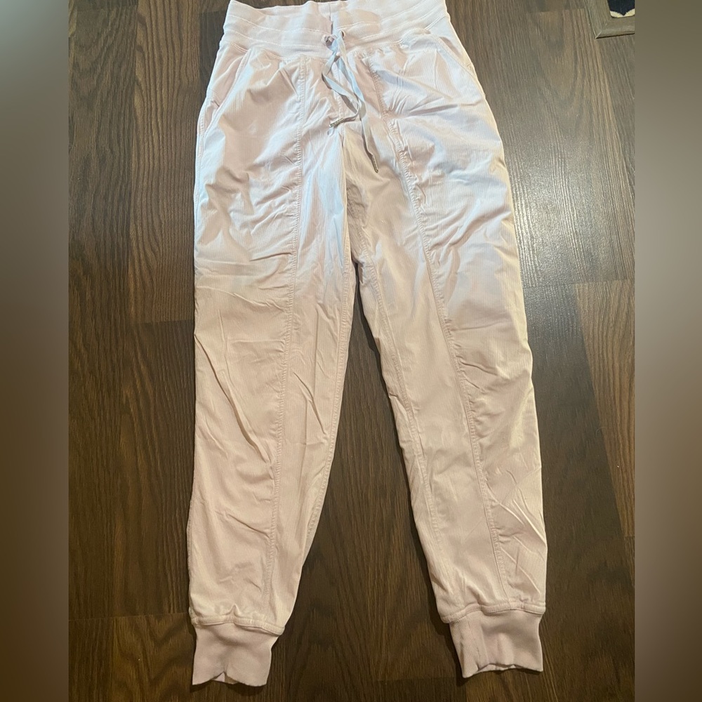 lululemon mid rise strawberry milkshake lined dance studio joggers full length